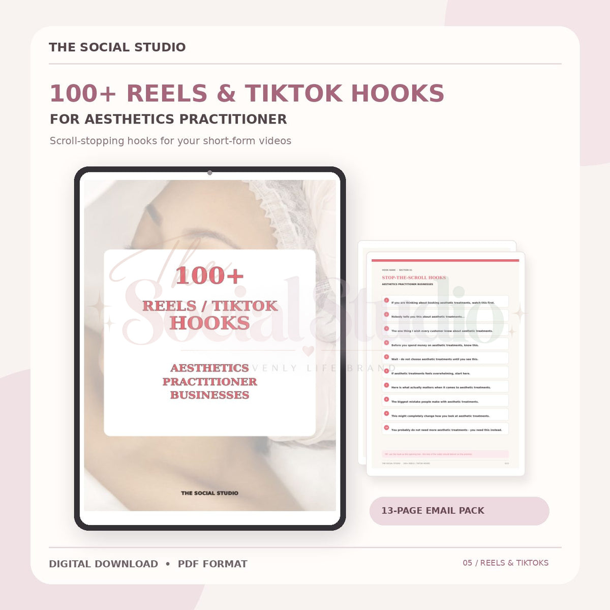 Aesthetics Practitioner – 100+ Reels & TikTok Hooks | The Social Studio