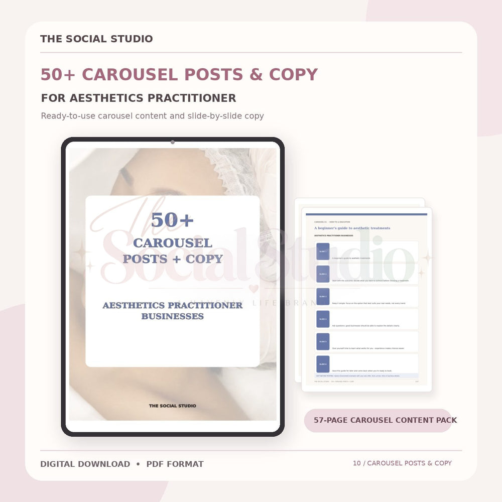 Aesthetics Practitioner – Carousel Ideas & Copy Pack | The Social Studio