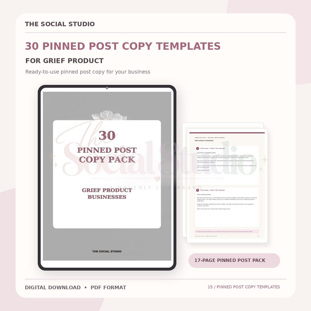 Grief Products – Pinned Post Copy Pack | The Social Studio