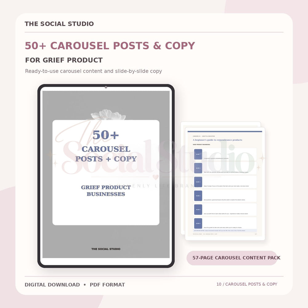 Grief Products – Carousel Ideas & Copy Pack | The Social Studio