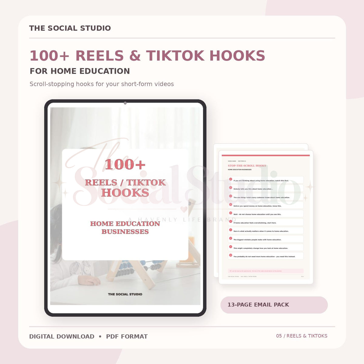 Home Education – 100+ Reels & TikTok Hooks | The Social Studio