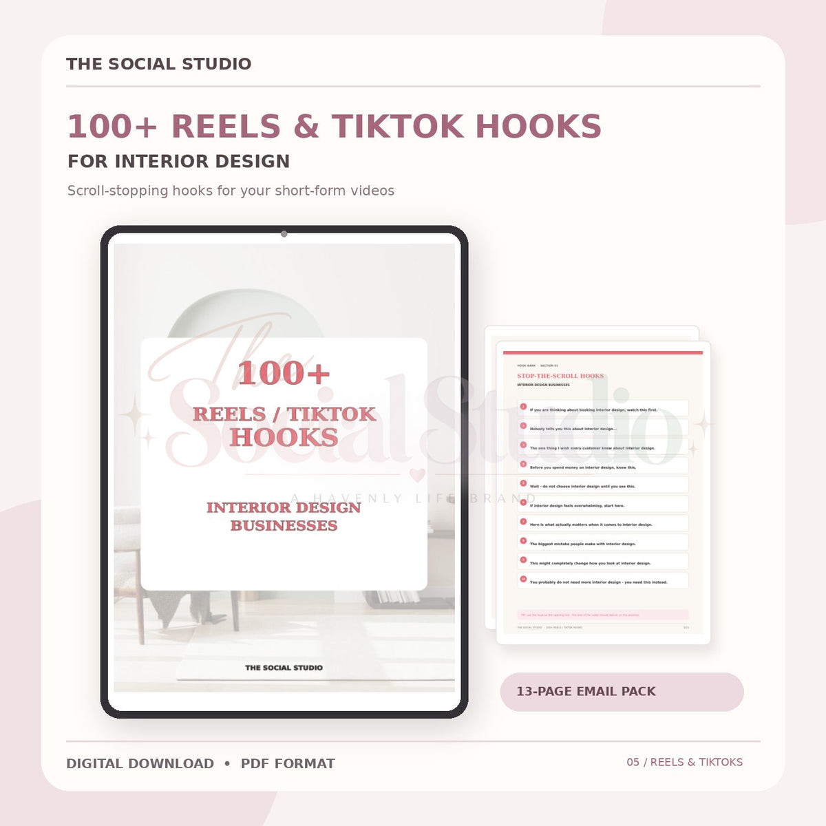 Interior Designers – 100+ Reels & TikTok Hooks | The Social Studio
