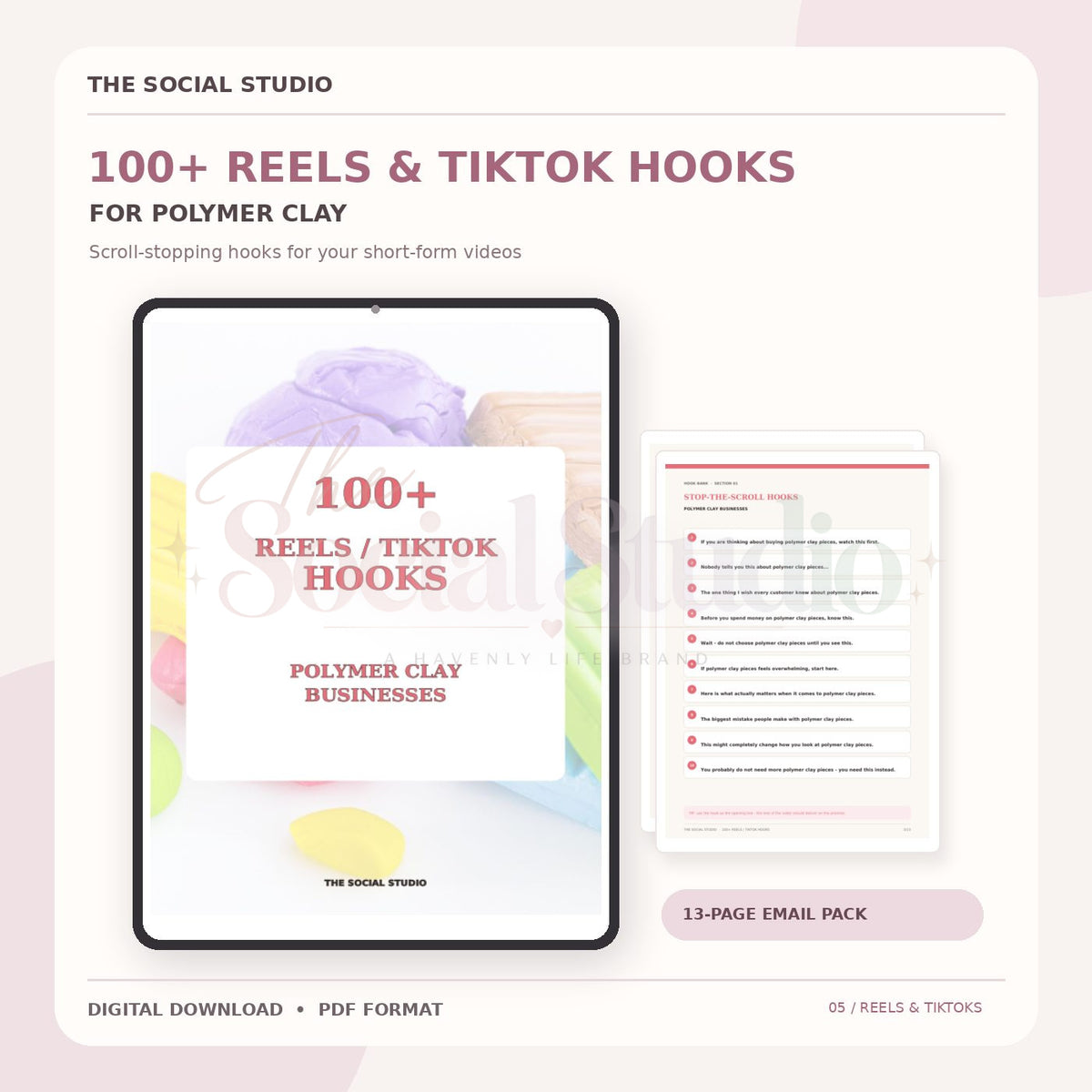 Polymer Clay – 100+ Reels & TikTok Hooks | The Social Studio