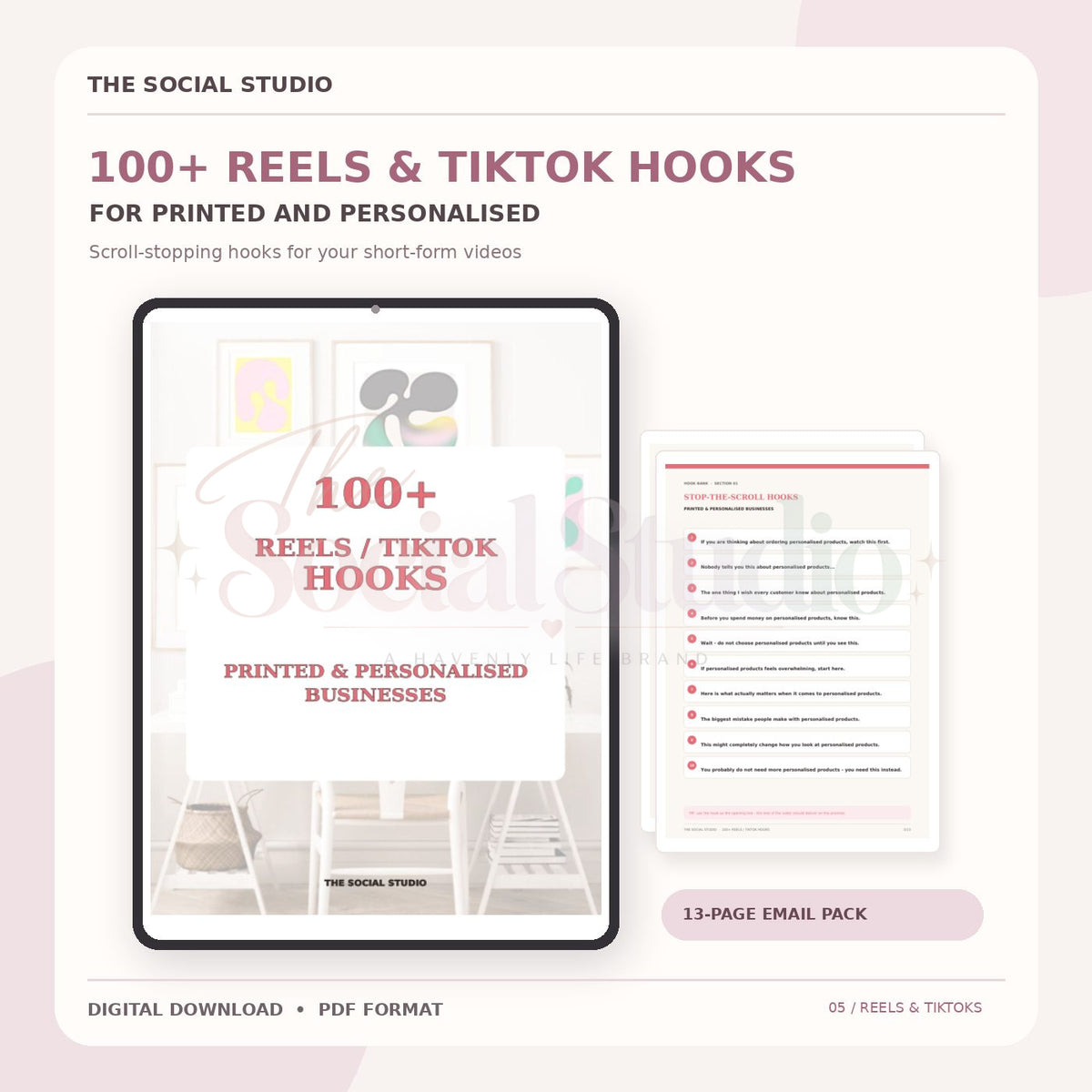 Printed & Personalised – 100+ Reels & TikTok Hooks | The Social Studio