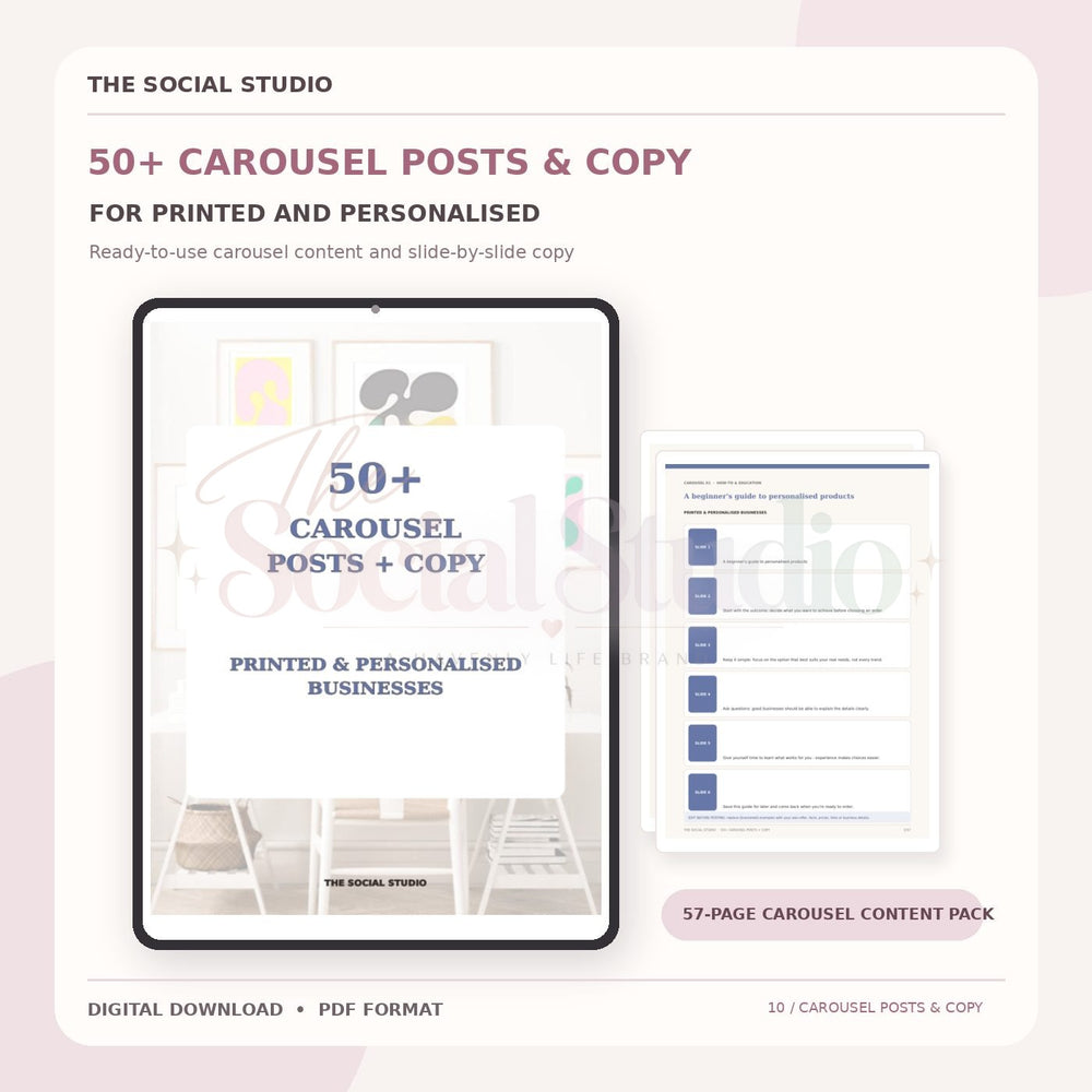 Printed & Personalised – Carousel Ideas & Copy Pack | The Social Studio