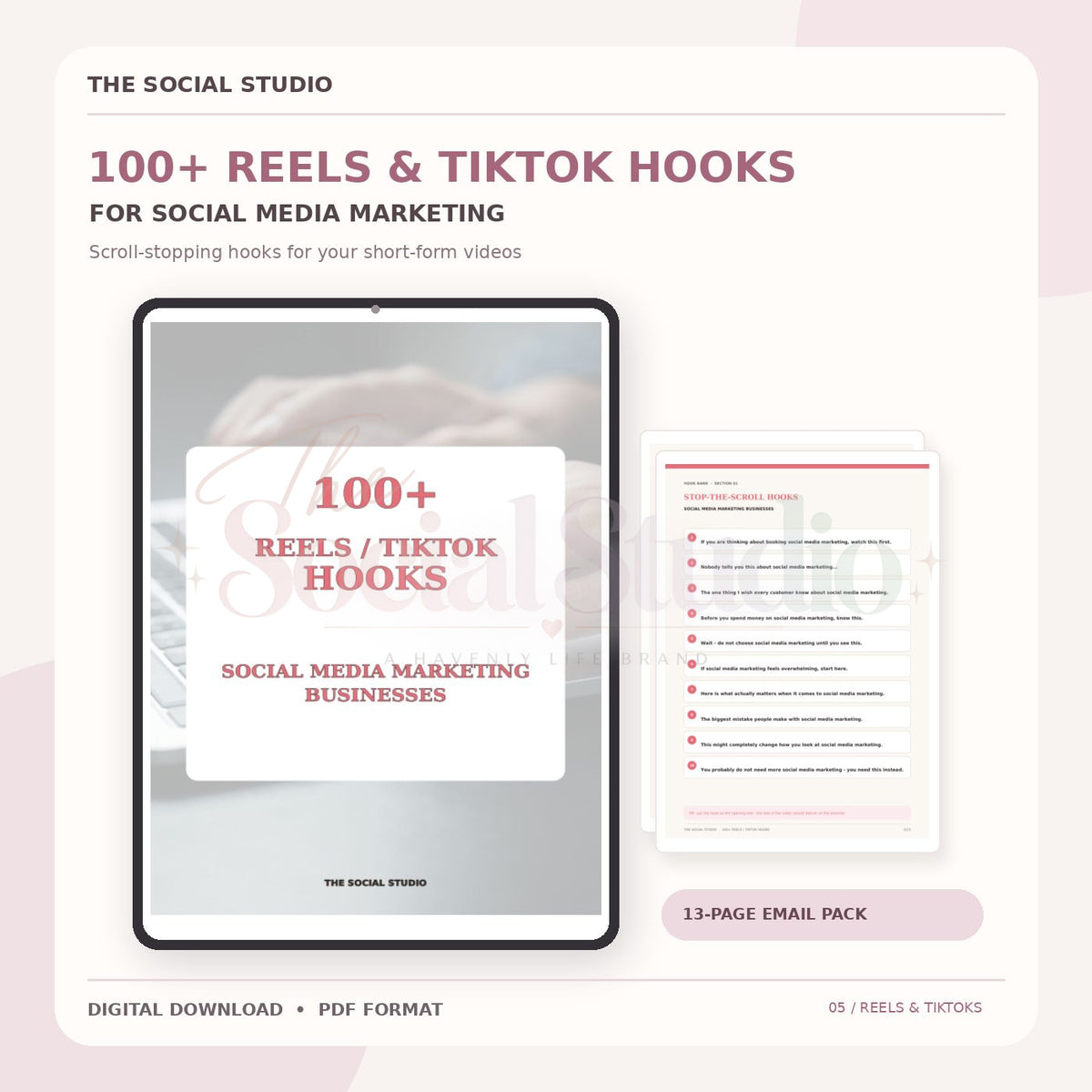 Social Media Marketing – 100+ Reels & TikTok Hooks | The Social Studio
